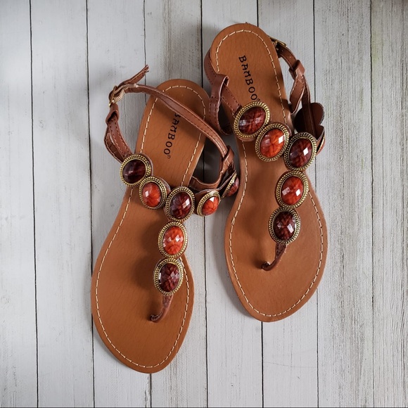 BAMBOO Shoes - Bamboo T-Strap Jeweled Flat Heel Sandal Sz 8.5